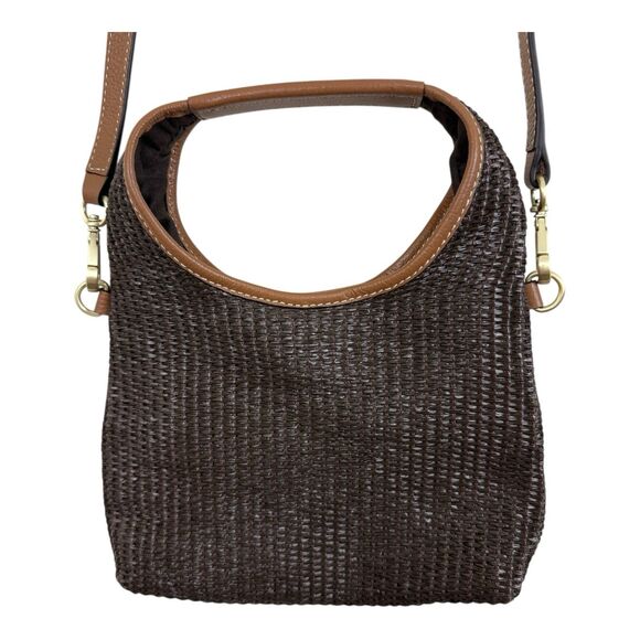 J Jill Straw Leather Trim Small Crossbody Brown Top Handle And Detachable Strap - Picture 5 of 7